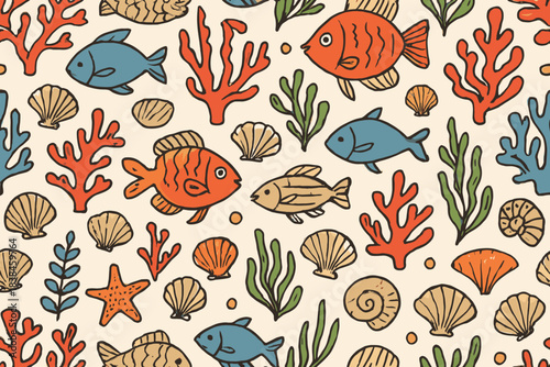 Colorful underwater scene with fish, corals, and shells in a decorative style for ocean-themed design