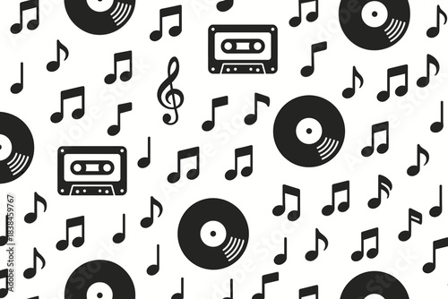 Music notes and cassette tapes fill the background in a pattern showcasing sound and rhythm in a playful design made for artists and music lovers