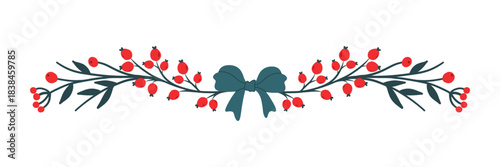 Christmas evergreen garland with berries vector line art, clipart illustration with isolated on white background.	