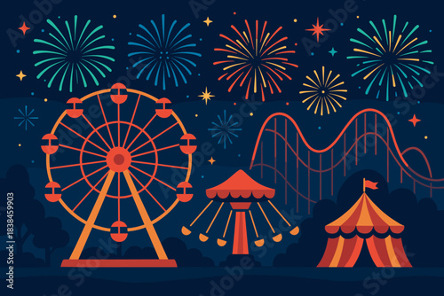 Colorful fireworks light up the night sky above a fairground with rides and a circus tent at a summer festival
