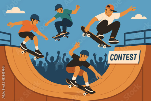 Skateboarders perform tricks during contest at skate park with crowd in background