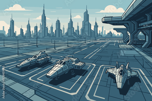 Three futuristic vehicles parked in a high-tech city with skyscrapers and empty spaces in daylight