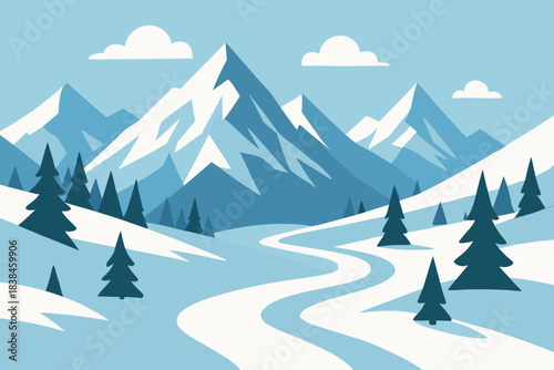 Snow-covered mountains and a winding river in a winter landscape with pine trees under blue sky