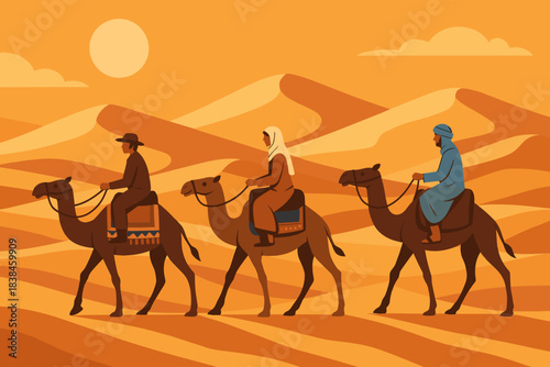People travel across a desert on camels during sunset with mountains in the background