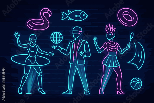 Neon art shows people enjoying fun activities with props like an inflatable ring and a hula hoop while a flamingo and fish are displayed