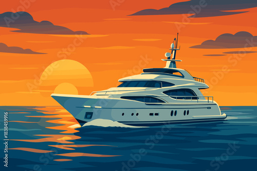 Beautiful yacht sailing across calm waters at sunset near a distant horizon