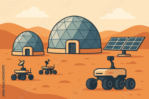 Space settlement with domes and rovers on an alien landscape during a sunny day