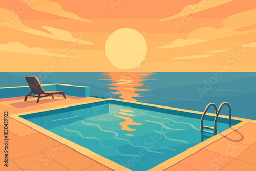 Sunset over the ocean with a poolside chair and calm water