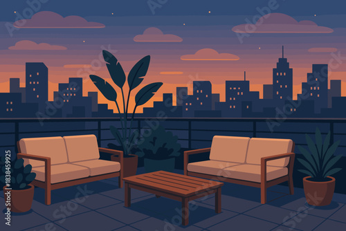 Evening setting on a rooftop with city skyline and plants in pots