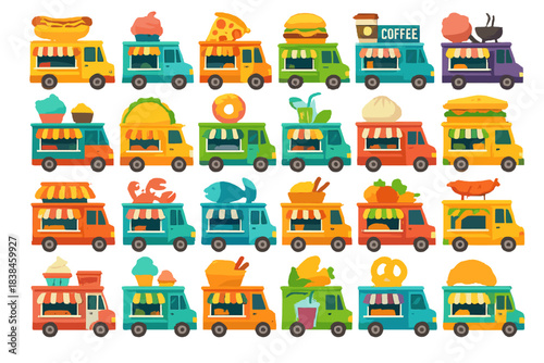 Food trucks with various types of food and drinks in a colorful design on display