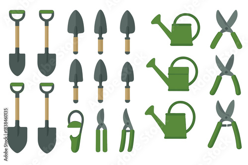 Gardening tools arranged in a neat layout for planting and yard work tasks