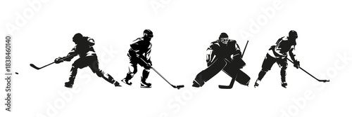 Ice hockey players, group of vector silhouettes. Hockey goalie, hockey player. Set of winter team sport athletes
