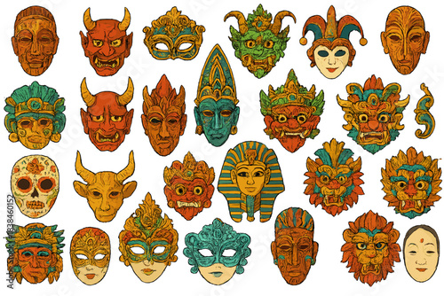 Various decorative masks on a white background showcasing different styles and cultures for art and display purposes