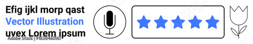 Voice technology, user reviews, rating systems, digital interfaces, feedback collection, minimal design. A black microphone, blue star ratings and flower icons. Voice technology and user reviews