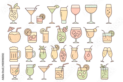 Various types of drinks displayed on a white background in a simple design featuring glasses and cocktails