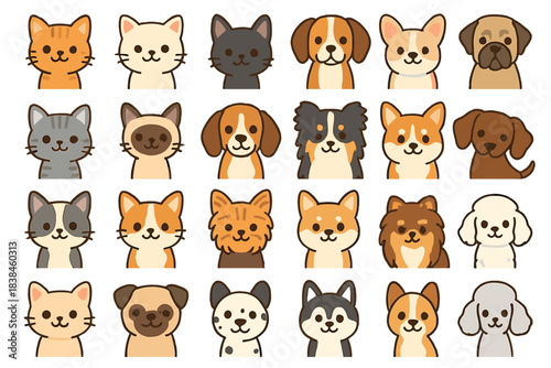 Different types of cartoon dogs and cats arranged in rows on a white background with simple designs
