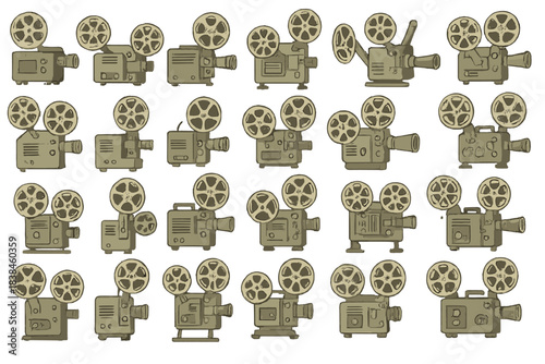 Collection of vintage movie cameras in various designs and sizes in a simple arrangement