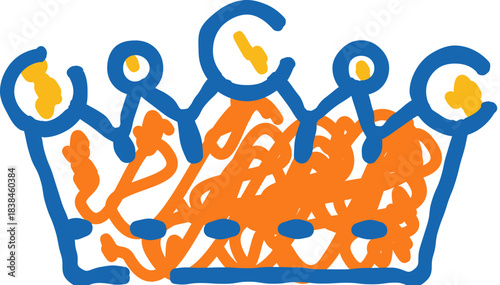 Blue and orange scribble crown drawing illustrating royalty