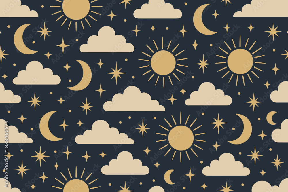 custom made wallpaper toronto digitalSun and moon pattern on dark background with clouds and stars in simple design