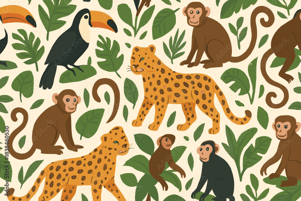 Fototapeta premium Colorful jungle scene featuring a variety of animals interacting among plants and foliage in a cheerful pattern