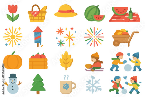 Seasonal icons showing summer and winter activities with objects like food, drinks, and festive items across different seasons