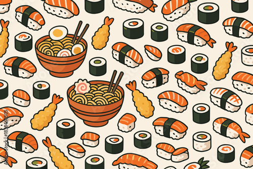 Sushi and noodle pattern featuring various types of sushi in a vibrant arrangement on a neutral background