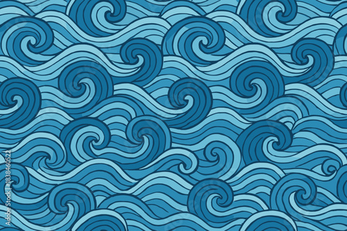 Curvy ocean waves create repetitive patterns in different shades of blue across a textured background