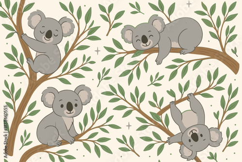 Koalas sit on tree branches surrounded by leaves in simple design with soft colors