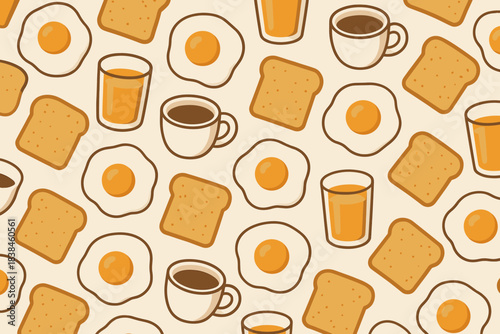 Breakfast items on a light background featuring eggs, toast, coffee, and juice in a repeated pattern