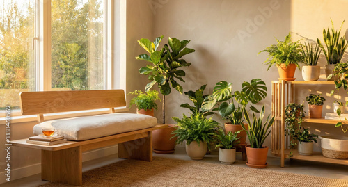 Cozy living room with various plants on shelf and couch by window with natural light
