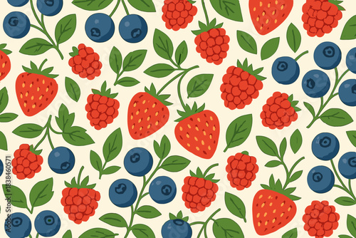 Berry pattern with strawberries, raspberries, and blueberries on light background
