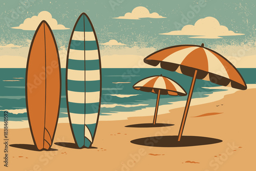 Surfboards and umbrellas near the water at the beach on a sunny day with clouds in the sky