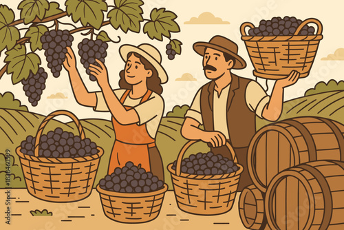 Farmers gather grapes during harvest season in a vineyard with baskets ready for collection and barrels nearby