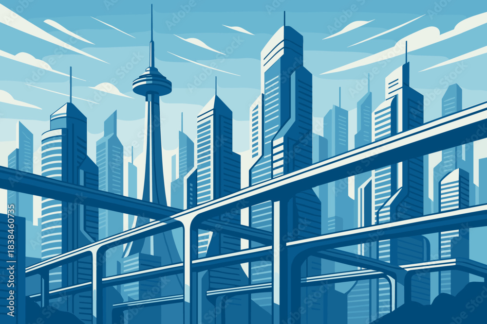 Fototapeta premium Modern skyline with high buildings and elevated highways under a blue sky during daytime