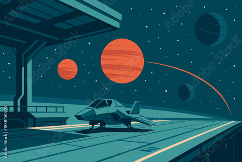 Spacecraft on launch pad under distant planets and stars in a night scene