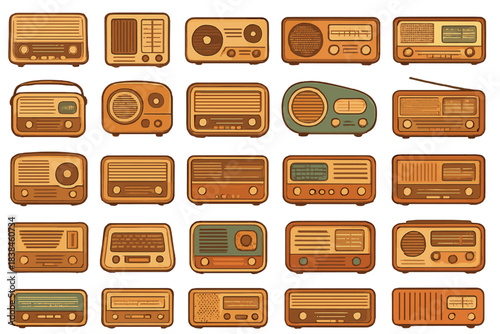 Collection of various vintage radios displayed in different styles and designs across a grid layout with diverse colors and patterns