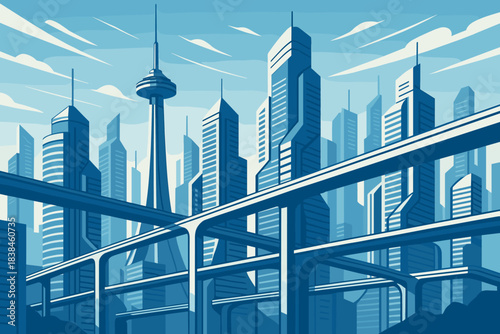 Modern skyline with high buildings and elevated highways under a blue sky during daytime