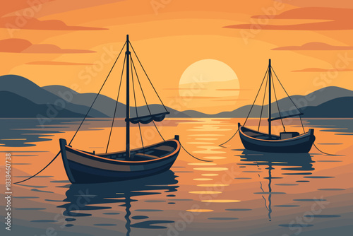 Two boats floating in calm water during sunset near mountains in the distance with orange sky
