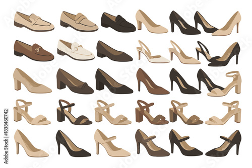 Variety of shoe designs displayed on a white background with different styles and colors for footwear choices