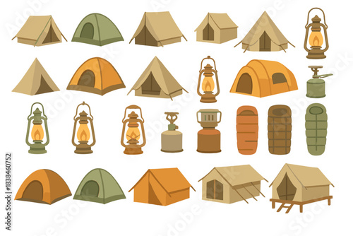 Different types of camping tents and equipment shown in a simple design suitable for outdoor activities in various weather conditions