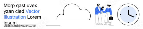 Technology, teamwork, productivity, digital services, cloud storage, workflow. Cloud, two people shaking hands clock. Cloud storage and teamwork concept
