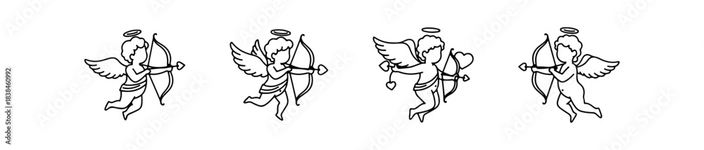 Fototapeta premium Set of four linear cupid icons. Vector illustrations of flying angels shooting arrows with hearts, perfect for romantic Valentine's Day designs.