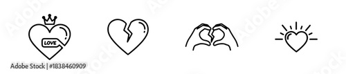 Set of four simple black line heart icons. Minimalist vector love symbols with and without reflections, ideal for Valentine's Day design.