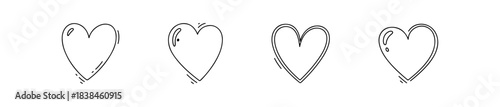 Set of four simple black line heart icons. Minimalist vector love symbols with and without reflections, ideal for Valentine's Day design.