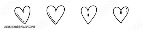 Set of four simple black line heart icons. Minimalist vector love symbols with and without reflections, ideal for Valentine's Day design.