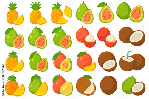 Colorful display of tropical fruits featuring pineapples, guavas, lychees, and coconuts arranged in a repeated pattern on a white background