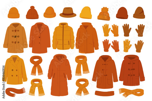 Collection of fall and winter clothing items in warm colors displayed on a white background