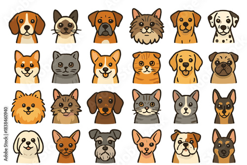 Different types of dogs and cats arranged in a grid showing various breeds and colors in a fun style with cartoon designs