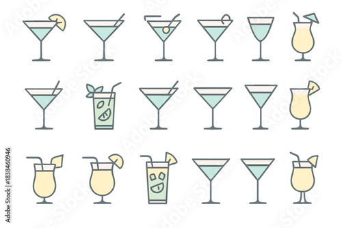 Cocktails and drinks arranged in different styles and forms set against a plain background for party or celebration ideas
