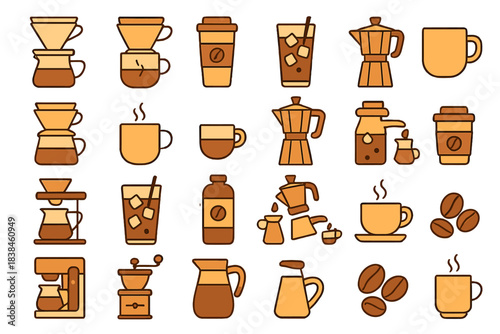 Different ways to prepare and serve coffee drinks including brewing methods and cups with drinks are shown in the collection